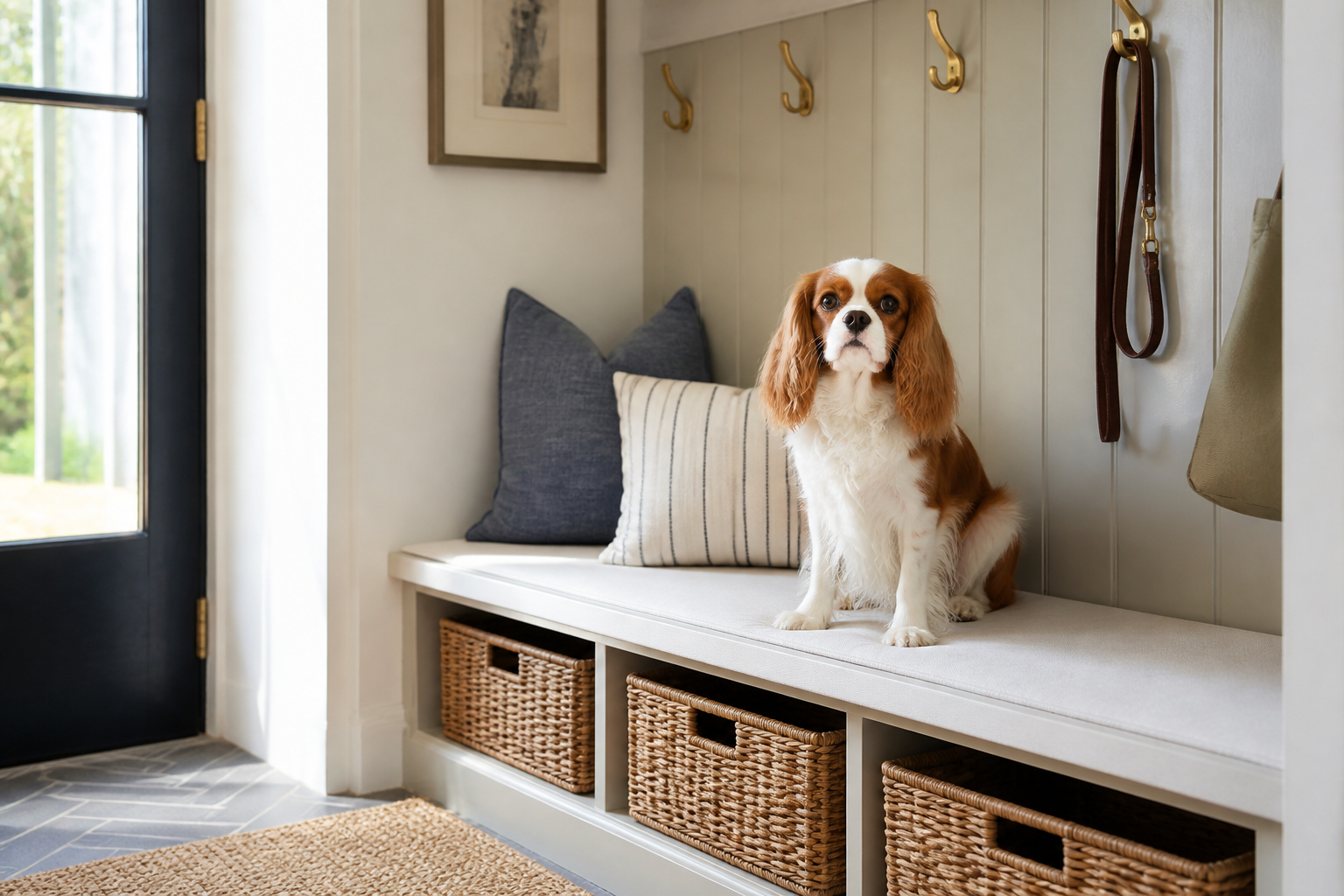 Beauty, a Cavalier King Charles Spaniel, resting serenely in an organized mudroom