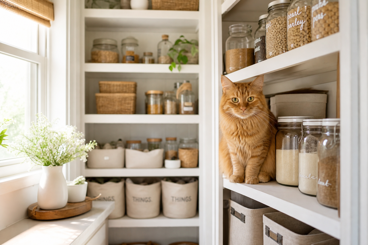 An orange tabby cat inspecting an organized pantry — Chaos at work